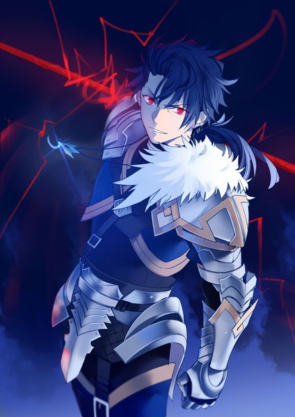 Anime picture 2480x3507 with fate (series) fate/grand order fate/prototype cu chulainn (fate) cu chulainn (fate/prototype) aokiku single long hair tall image highres smile red eyes blue hair fur trim shaded face low ponytail boy armor fur