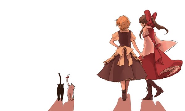 Anime picture 4000x2400 with touhou hakurei reimu kirisame marisa yonu (yonurime) long hair highres short hair simple background blonde hair brown hair wide image white background bare shoulders multiple girls absurdres ponytail from behind shadow hand on hip holding hands