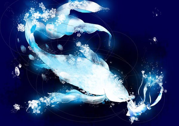 Anime picture 1500x1061 with original koto2 kotokoto (vibgyor) short hair eyes closed profile barefoot tears girl flower (flowers) bubble (bubbles) fish (fishes)