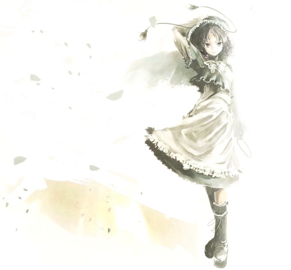 Anime picture 2000x1855 with touhou kumoi ichirin yae (mono110) single looking at viewer highres short hair simple background smile brown hair standing white background purple eyes wind hand on head girl dress boots thigh boots cape