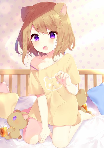 Anime picture 1184x1684 with original mafuyu (chibi21) single tall image looking at viewer blush short hair open mouth light erotic brown hair purple eyes bare shoulders animal ears full body tail animal tail barefoot sunlight arm support bare legs