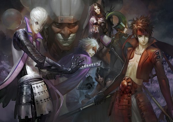 Anime picture 1500x1061 with sengoku basara production i.g sanada yukimura motochika chousokabe mitsunari ishida oichi elna (pixiv) long hair looking at viewer short hair open mouth black hair red eyes brown hair standing brown eyes purple hair white hair traditional clothes japanese clothes