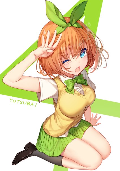 Anime picture 1000x1415 with go-toubun no hanayome nakano yotsuba bison cangshu single tall image looking at viewer blush fringe short hair open mouth blue eyes simple background hair between eyes sitting :d pleated skirt one eye closed wink orange hair arm support