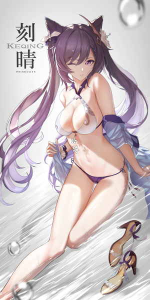 Anime picture 2508x5016 with genshin impact keqing (genshin impact) kokuusinsin single long hair tall image looking at viewer fringe highres breasts light erotic hair between eyes purple eyes twintails purple hair full body parted lips one eye closed wink open jacket