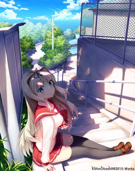 Anime picture 1000x1266 with to heart 2 leaf (studio) kusugawa sasara kaho okashii single long hair tall image looking at viewer blush blue eyes blonde hair sitting pleated skirt light smile shadow zettai ryouiki watermark scenic girl thighhighs