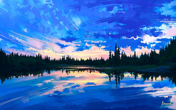 Anime picture 1920x1200 with original aenami highres signed sky cloud (clouds) wallpaper reflection no people scenic lake plant (plants) tree (trees) water forest
