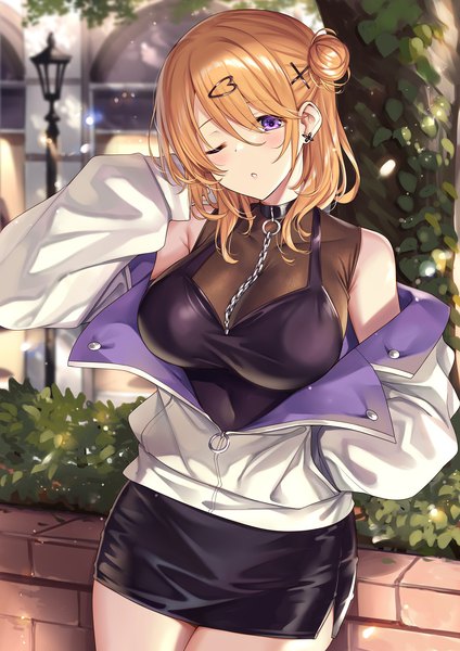 Anime picture 992x1403 with gochuumon wa usagi desu ka? white fox hoto cocoa ks single long hair tall image looking at viewer blush fringe breasts light erotic hair between eyes large breasts standing purple eyes outdoors long sleeves parted lips head tilt
