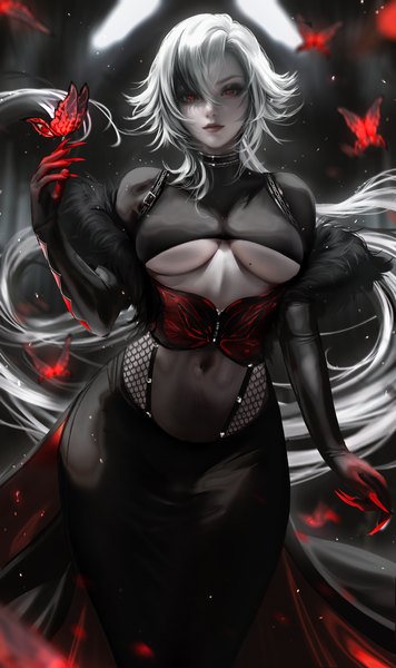 Anime picture 3919x6600 with genshin impact arlecchino (genshin impact) nixeu single long hair tall image looking at viewer fringe highres breasts light erotic hair between eyes large breasts standing absurdres silver hair arm up fingernails lips black eyes