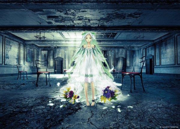 Anime picture 1280x917 with beatless snowdrop redjuice long hair green eyes barefoot green hair see-through silhouette girl flower (flowers) chair room