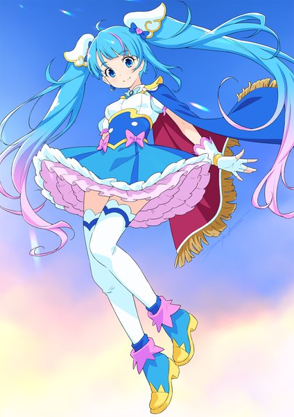 Anime picture 1060x1500 with precure hirogaru sky! precure toei animation sora harewataru cure sky kazuma muramasa single long hair tall image looking at viewer blue eyes smile twintails blue hair full body ahoge from below gradient hair magical girl girl