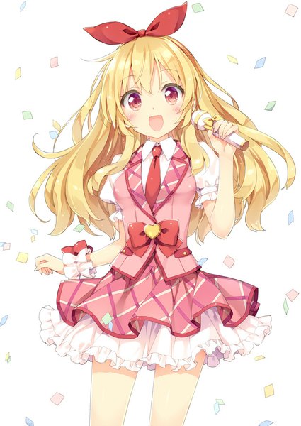 Anime picture 637x900 with aikatsu! hoshimiya ichigo kani biimu single long hair tall image looking at viewer blush fringe open mouth blonde hair red eyes white background :d puffy sleeves girl bow hair bow microphone confetti