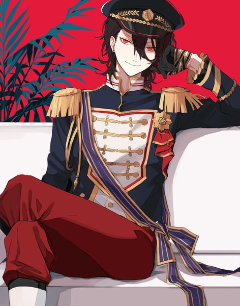 Anime picture 800x1016 with ensemble stars! sakuma rei (ensemble stars!) zangyaacco single tall image looking at viewer fringe short hair simple background smile hair between eyes red eyes sitting head tilt crossed legs red background chin rest boy gloves uniform