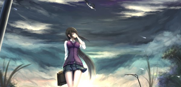 イラスト 3000x1453 と オリジナル 一筆 ソロ 長髪 highres 黒髪 wide image looking away cloud (clouds) black eyes 女の子 スカート 制服 学生服 通学カバン