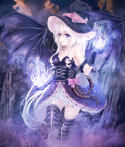 Anime picture 1190x1400 with original pixiv fantasia pixiv fantasia fallen kings alc (ex2 lv) single long hair tall image blush brown eyes white hair girl thighhighs dress gloves hat wings witch hat striped thighhighs