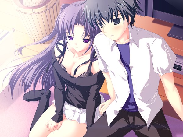 Anime picture 1600x1200 with lyrical lyric takami rin mikeou long hair blush short hair breasts light erotic black hair large breasts purple eyes bare shoulders game cg cleavage purple hair from above black eyes couple girl boy