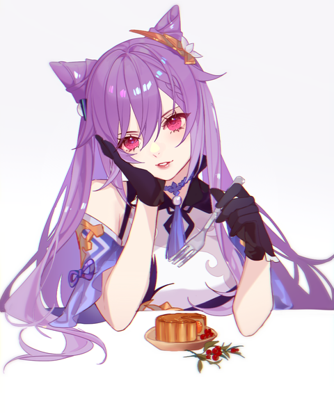 Anime picture 944x1181 with genshin impact keqing (genshin impact) jesse (pixiv34586727) single long hair tall image looking at viewer fringe simple background hair between eyes white background twintails purple hair parted lips pink eyes hair bun (hair buns) head rest girl gloves detached sleeves