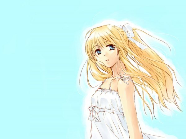Anime picture 1024x768 with air key (studio) kamio misuzu single blue eyes blonde hair bare shoulders girl dress ribbon (ribbons) hair ribbon sundress kanae funwa