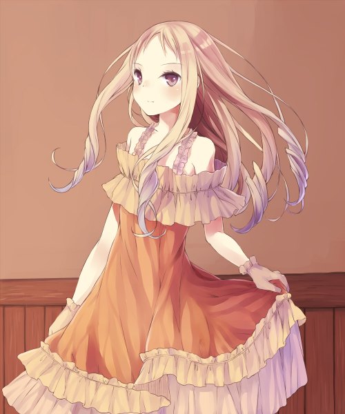 Anime picture 1000x1200 with original aquariumtama single long hair tall image looking at viewer blonde hair bare shoulders brown eyes girl dress gloves frills