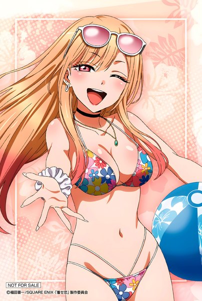 Anime picture 2760x4096 with sono bisque doll wa koi wo suru cloverworks kitagawa marin tagme (artist) single long hair tall image looking at viewer blush fringe highres breasts open mouth light erotic blonde hair smile one eye closed pink eyes fingernails wink