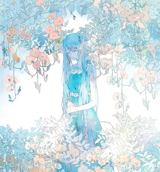 Anime picture 1000x1074 with vocaloid hatsune miku kibi (pixiv298748) single long hair tall image twintails blue hair eyes closed girl dress flower (flowers) plant (plants) blue dress campsis