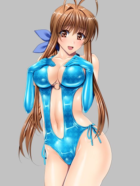 Anime picture 900x1200 with clannad key (studio) furukawa sanae sen (sansui) single long hair tall image looking at viewer blush breasts open mouth light erotic simple background brown hair large breasts brown eyes grey background girl gloves navel