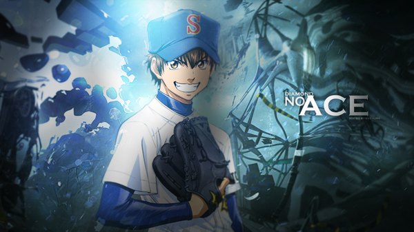 Anime picture 1920x1080 with daiya no ace production i.g sawamura eijun redeye27 single looking at viewer fringe highres short hair smile hair between eyes brown hair wide image brown eyes upper body teeth wallpaper copyright name baseball boy