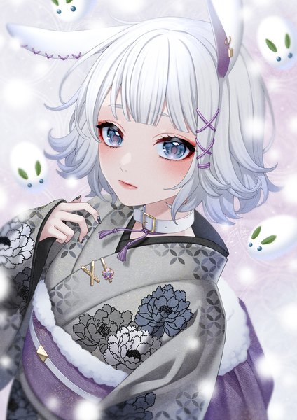 Anime picture 848x1200 with original ca yu single tall image blush short hair blue eyes animal ears silver hair upper body nail polish traditional clothes japanese clothes from above bunny ears floral print new year tress ribbon girl choker
