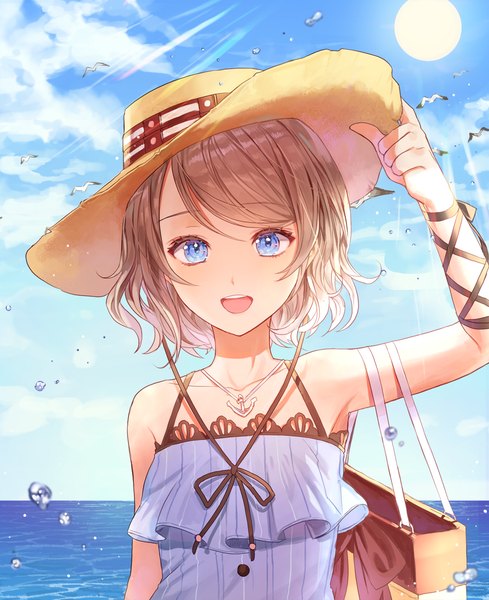 Anime picture 1000x1227 with love live! sunshine!! sunrise (studio) love live! watanabe you kim eb single tall image looking at viewer fringe short hair open mouth blue eyes blonde hair sky cloud (clouds) girl hat animal bird (birds) pendant