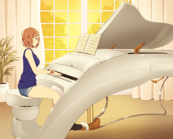 Anime picture 2000x1617 with original ichan-desu single highres short hair brown hair bare shoulders profile silver eyes musician girl hair ornament plant (plants) shorts bracelet window hairclip musical instrument musical note piano