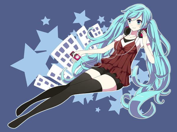 Anime picture 1600x1200 with vocaloid ipod hatsune miku monaco (rmn02) single long hair blue eyes twintails full body aqua hair city blue background headphones around neck girl thighhighs shorts headphones star (symbol)