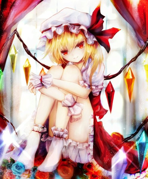 Anime picture 1000x1208 with touhou flandre scarlet basilis9 single long hair tall image looking at viewer blonde hair smile red eyes sitting no shoes one side up girl dress flower (flowers) wings socks window rose (roses)