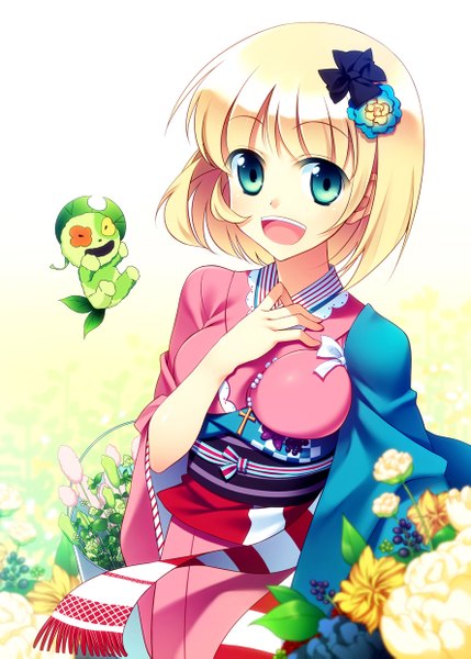 Anime picture 888x1243 with ao no exorcist a-1 pictures moriyama shiemi nii (ao no exorcist) hoshi ichi tall image looking at viewer short hair open mouth blue eyes blonde hair smile traditional clothes hair flower demon girl hair ornament flower (flowers) bow plant (plants)