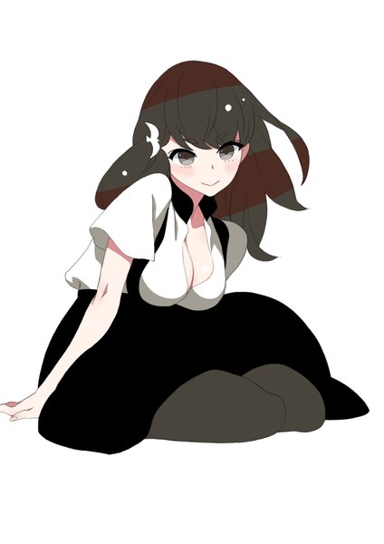 Anime picture 1500x2122 with gatchaman crowds tatsunoko ichinose hajime fetishist single long hair tall image looking at viewer blush fringe breasts black hair simple background smile large breasts white background sitting cleavage black eyes open collar