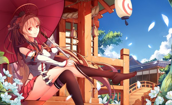 Anime picture 1500x917 with kantai collection yamato super battleship liu guniang single long hair looking at viewer fringe breasts light erotic smile red eyes brown hair wide image sitting holding sky cloud (clouds) outdoors ponytail pleated skirt