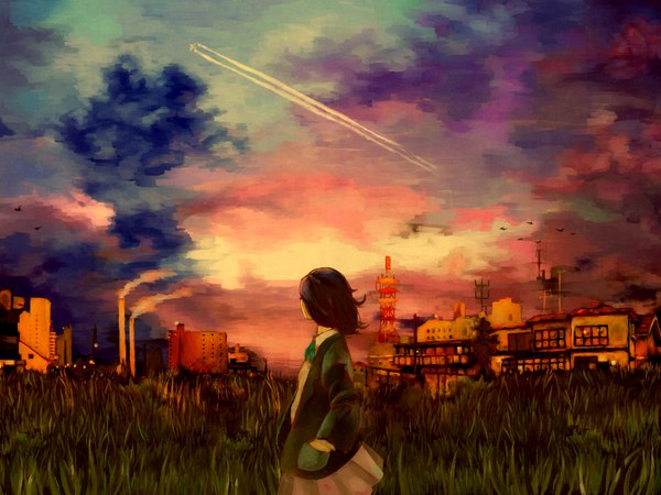 Anime picture 1024x768 with original machiko short hair brown hair looking away sky cloud (clouds) profile pleated skirt open clothes open jacket smoke hands in pockets girl skirt uniform plant (plants) school uniform animal jacket
