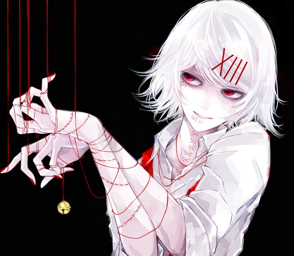 Anime picture 1000x870 with tokyo ghoul studio pierrot suzuya juuzou kayutarou single short hair simple background red eyes looking away upper body white hair nail polish black background red nail polish boy shirt white shirt hairclip bell x hair ornament