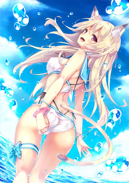 Anime picture 1200x1697 with original ryo (botugo) single long hair tall image looking at viewer fringe breasts open mouth light erotic blonde hair hair between eyes purple eyes animal ears payot sky cloud (clouds) ass outdoors tail