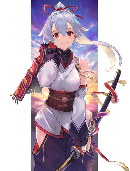 Anime picture 689x905 with fate (series) fate/grand order tomoe gozen (fate) shirabi single long hair tall image looking at viewer fringe smile hair between eyes red eyes bare shoulders sky silver hair cloud (clouds) ponytail traditional clothes japanese clothes adjusting hair