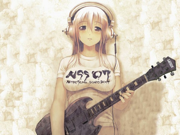 Anime picture 1600x1200 with nitroplus super sonico tsuji santa single long hair blush light erotic pink hair grey background erect nipples covered nipples clothes writing girl headphones t-shirt musical instrument guitar