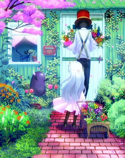 Anime picture 1785x2252 with original toratsugumi long hair tall image highres standing white hair from behind back girl dress boy flower (flowers) plant (plants) hat animal tree (trees) boots window curtains