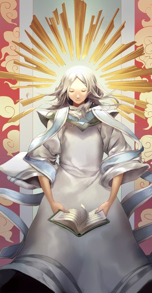 Anime picture 1200x2305 with original escente (artist) single long hair tall image blonde hair cloud (clouds) eyes closed wind wide sleeves girl book (books) halo beads mantle