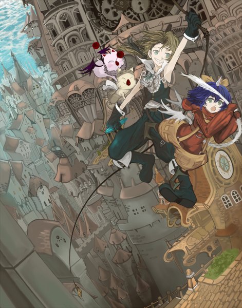 Anime picture 1178x1500 with final fantasy square enix moogle zidane tribal ryuuri susuki (artist) tall image short hair open mouth blonde hair smile green eyes purple hair horn (horns) city girl boy gloves bow hair bow animal