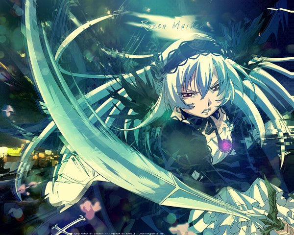Anime picture 1280x1024 with rozen maiden suigintou single long hair purple eyes silver hair angry battle girl dress weapon sword frills cross