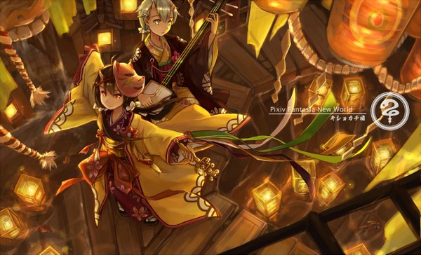 Anime picture 1389x843 with original pixiv fantasia d.b.spark long hair looking at viewer fringe brown hair wide image multiple girls holding yellow eyes traditional clothes japanese clothes horn (horns) light smile from above grey hair orange eyes spread arms girl