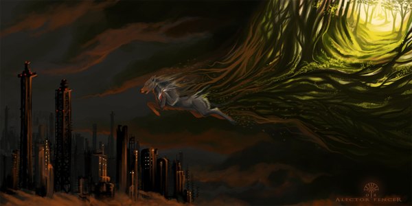 Anime picture 1280x640 with original alectorfencer (artist) wide image cloud (clouds) night city flying plant (plants) tree (trees) wolf