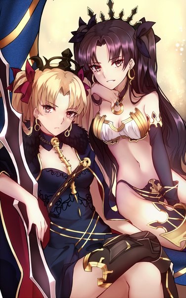 Anime picture 1100x1753 with fate (series) fate/grand order toosaka rin ishtar (fate) ereshkigal (fate) shiguru long hair tall image looking at viewer light erotic black hair blonde hair red eyes sitting multiple girls cleavage two side up crossed legs dual persona chin rest