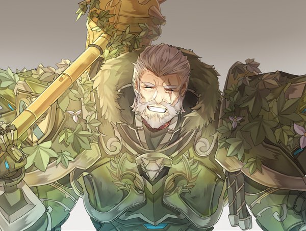 Anime picture 900x682 with overwatch blizzard entertainment reinhardt (overwatch) laulaubi single short hair smile holding upper body eyes closed grey hair sunlight grin scar shaded face eyebrows boy weapon armor leaf (leaves)