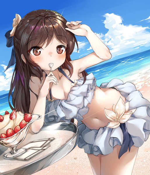 Anime picture 3543x4134 with idolmaster idolmaster cinderella girls tachibana arisu hans (artist) single long hair tall image looking at viewer blush fringe highres breasts light erotic brown hair standing brown eyes absurdres sky cleavage cloud (clouds)