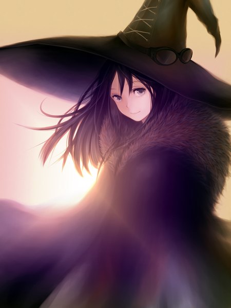 Anime picture 1200x1600 with original teti single long hair tall image black hair smile black eyes sunlight girl witch hat