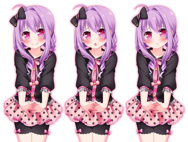 Anime picture 2157x1634 with ringo yuyu long hair blush highres simple background smile white background purple hair pink eyes multiple persona girl skirt bow hair bow